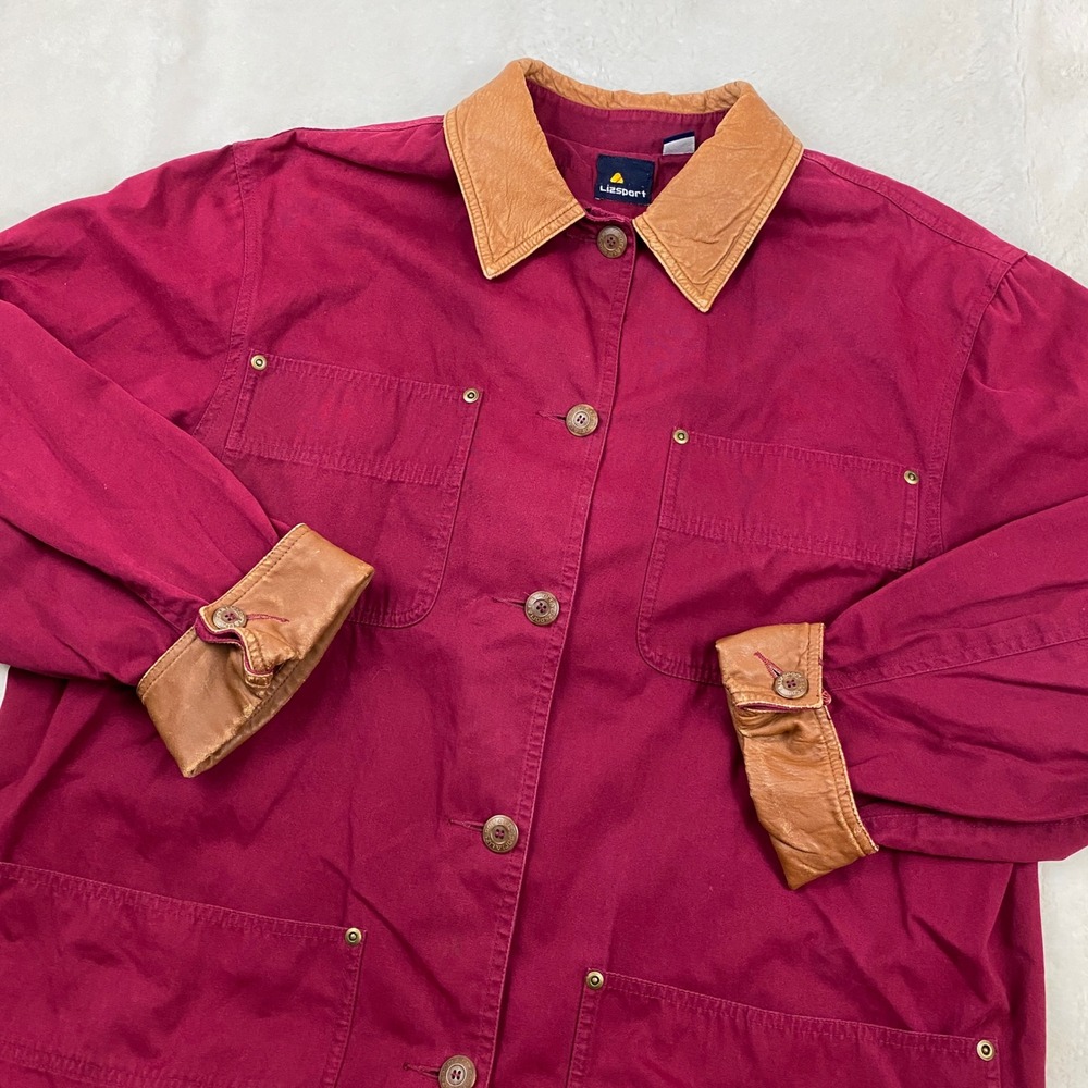 Lizsport Burgundy Collar Barn Chore Jacket Cuffs Button Front Women's M Workwear
